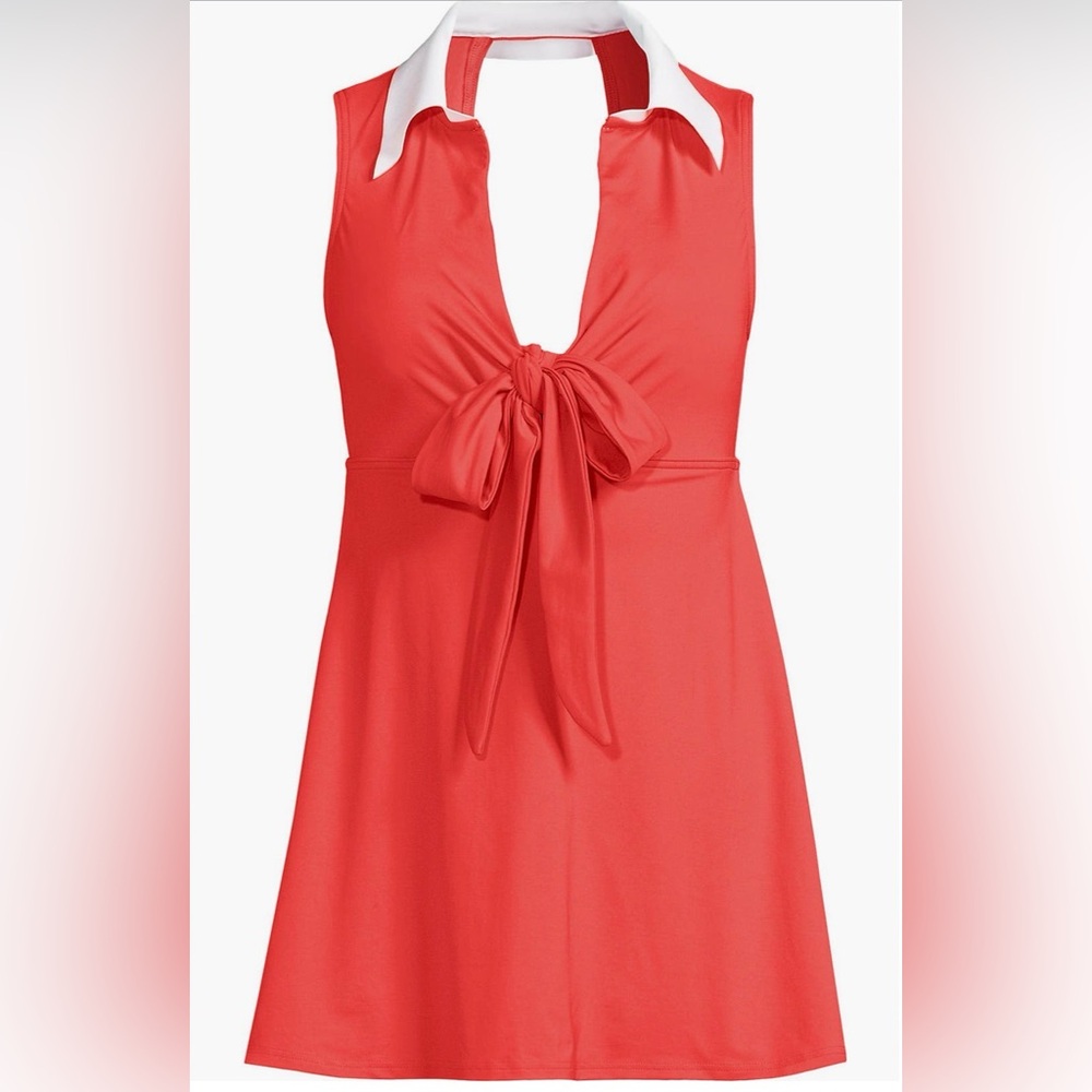 Lands' End Coral Tie-Front Modest Swim Dress One Piece Size 16 NWT